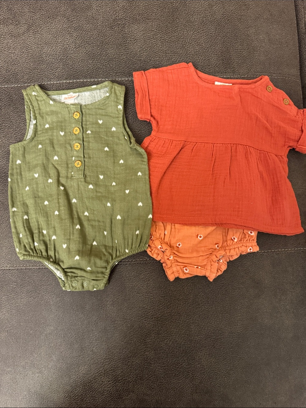 Cat & Jack Olive Green Heart Romper & Rust Orange Top with Bloomer Set